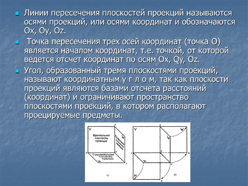 Линии пересечения плоскостей проекций называются осями проекций, или осями координат и обозначаются Ox, Оу,